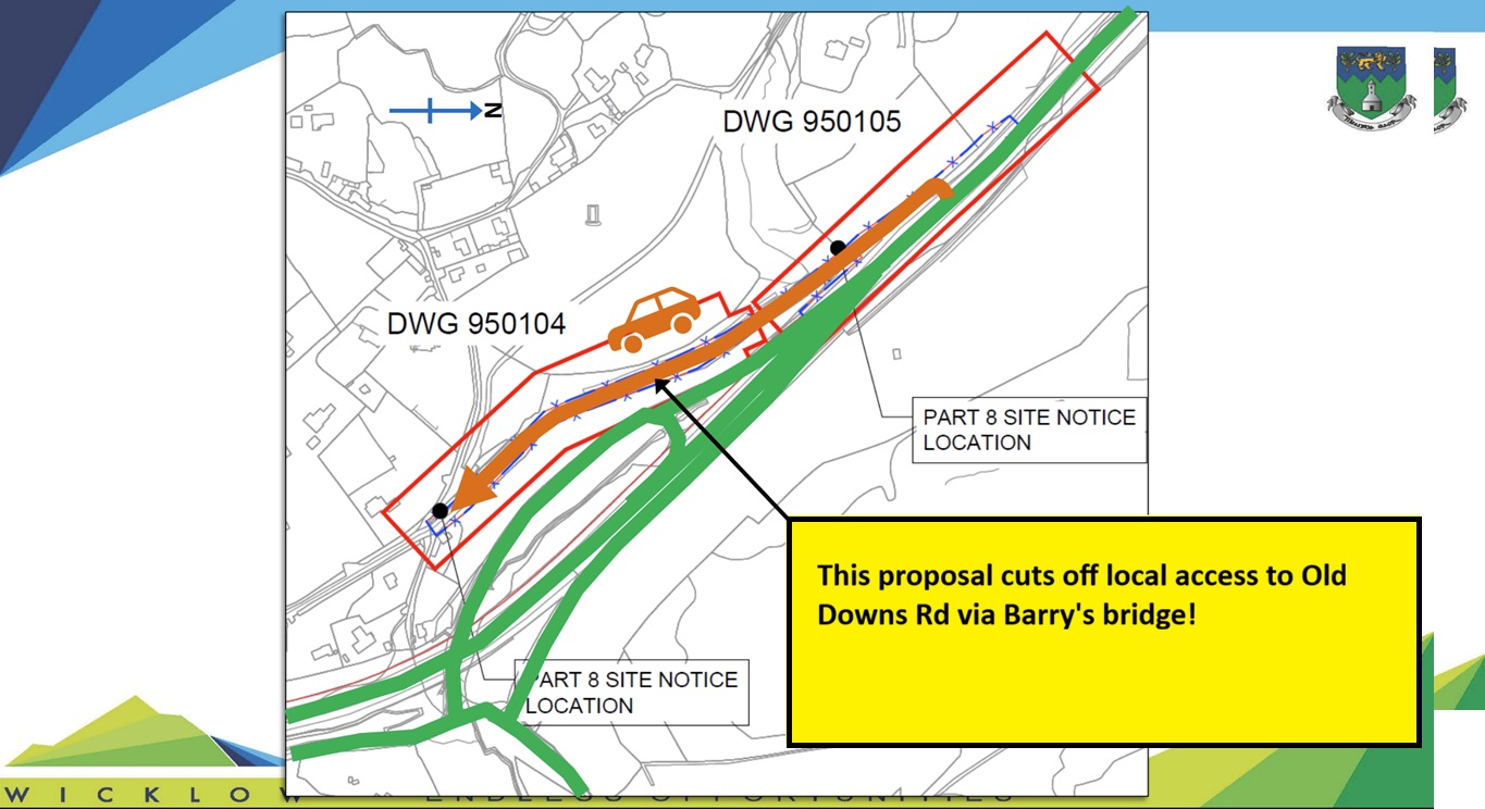 Council diagram highlighting that the proposal cuts off local access to Old Downs Road via Barry's Bridge.