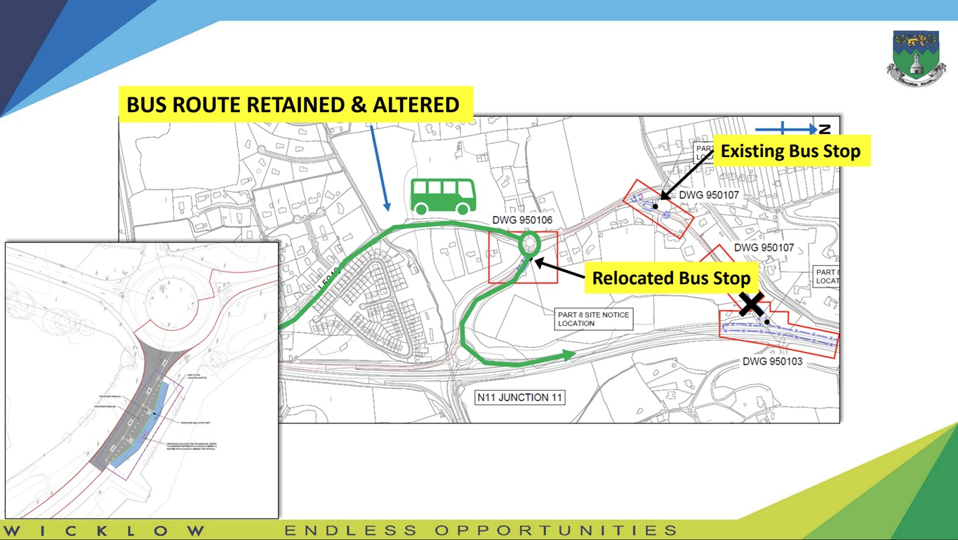 Council diagram showing the bus route retained and altered, with the existing bus stop relocated to a new roundabout near N11 Junction 11.